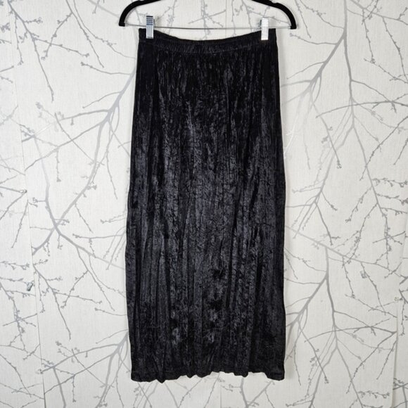 Au Cotton Black Crushed Velvet Elastic Waist Midi Pencil Skirt - Picture 1 of 5